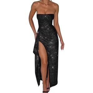 Memoriesea Women's Sexy Tube Ruched Strapless High Split Bodycon Dress - Black S